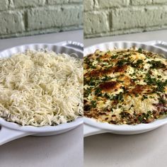 two white dishes filled with rice and some type of dish that looks like an entree