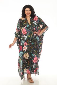 Johnny Was Floral Peace Swim Cover-Up Long Kaftan Dress Plus Size CSW7322BNX Faux Fur Accessories, Long Kaftan Dress, Long Kaftan, Boho Chic Dress, Current Styles, Kaftan Dress, Swim Cover, Elbow Length Sleeve, Dress Plus Size