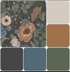 an assortment of color swatches with flowers and leaves on them in shades of blue, green, brown, beige