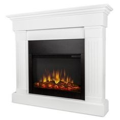 an electric fireplace with fire flames on the side and white trimming, against a white background