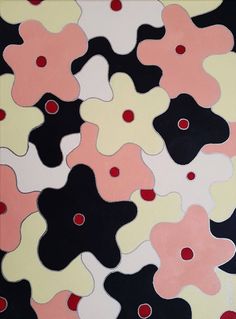 an abstract painting with black, pink and white flowers