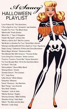 an advertisement for a halloween playlist with a woman in skeleton costume holding pumpkins