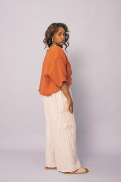 Fall Cotton Cargo Wide Leg Pants, Wide Leg Corduroy Bottoms With Side Pockets, Wide Leg Corduroy Cargo Pants With Pockets, Wide Leg Corduroy Pants With Patch Pockets, Brown Wide Leg Cargo Pants With Elastic Waistband, Back Aesthetic, Fabric Weave, Sun And Earth, Beach Tee