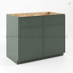 a green cabinet with two doors and drawers on the bottom, in front of a white background