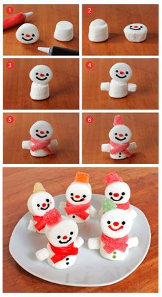 how to make marshmallow snowmen on a plate with instructions for making them