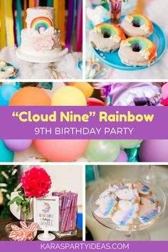 a rainbow themed birthday party with colorful balloons and desserts