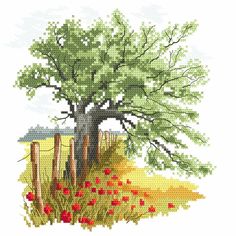 a cross - stitch pattern of a tree and fence with red flowers in the foreground