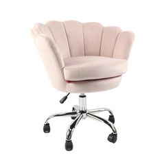 an office chair with wheels and a pink upholstered cushion on the back of it