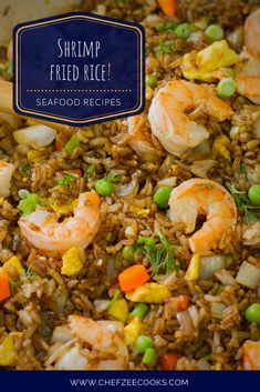 shrimp fried rice with peas and carrots in a pan