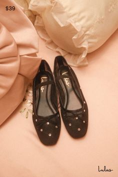 Any look you style with the Lulus Miliah Black Mesh Rhinestone Ballet Flats is sure to be exceptionally cute! These must-have flats have a sheer mesh composition that shapes a tapered, rounded-toe upper with a low-cut collar and dainty bow detail. A slender elastic vamp strap allows for the perfect fit, while shiny rhinestone details throughout lend a stunning finish to this classic design. Available in whole sizes only. 0. 25" rubber heel. Cushioned insole. Felted rubber sole has nonskid markin Rhinestone Ballet Flats, Tie Knots, Rubber Heels, Black Mesh, Bow Detail, Low Cut, Trending Shoes, Ballet Flats, Classic Design