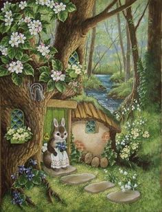 a painting of a rabbit sitting in front of a small house with flowers and trees around it