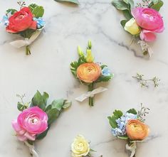 six different colored flowers are arranged on a marble surface