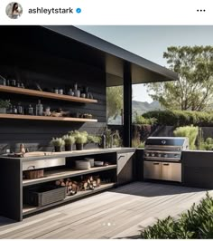 an outdoor kitchen is shown with pots and pans