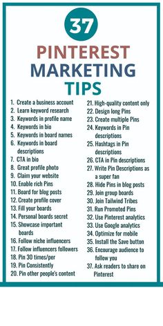 the pinterest marketing tips list is shown in blue and white with green border