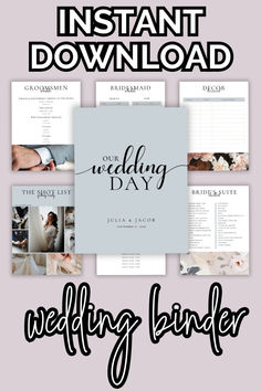 wedding binder with the words instant printable on it, including photos and text