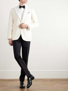 SAMAN AMEL Grosgrain-Trimmed Wool Tuxedo Jacket for Men White Tux Groom, White Blazer Outfit Men, Men's Tuxedo Styles, Mens White Suit, Groom Tuxedo Wedding, Wedding Suits Men Black, Tuxedo Styles