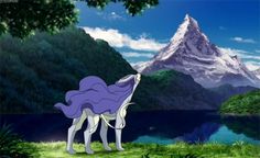 an animated horse standing in front of a mountain lake with trees and grass around it