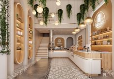 the interior of a coffee shop with plants hanging from the ceiling