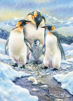 three penguins are standing in the snow with one penguin looking down at another penguin's head