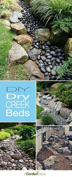 a collage of pictures showing different types of rocks and plants in the yard, with text overlay that reads diy creek beds