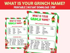 a printable grino christmas game with the text what is your grino name?