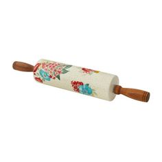 a rolling pin with flowers on it and wooden handles, in the shape of a rolling pin