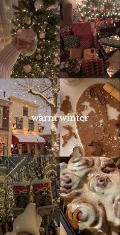 a collage of pictures with christmas decorations and food in the foreground, an assortment of gingerbreads on display