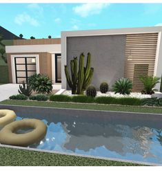 a rendering of a modern house with a pool and cactus in the front yard area