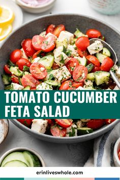 tomato cucumber feta salad in a bowl with the title text overlay