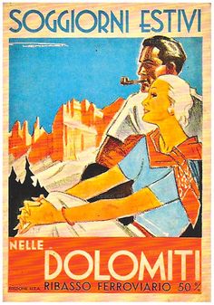 Dolomiti vintage poster School In Italy, Fashion Design School, Young Couple