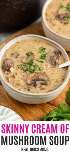 two bowls of creamy cream of mushroom soup