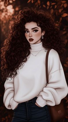 a painting of a woman with long curly hair wearing a white sweater and black jeans