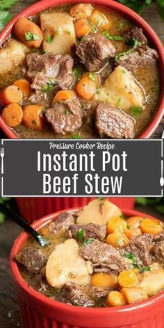 instant pot beef stew in a red bowl with carrots, potatoes and parsley