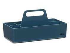 a blue plastic container with two compartments on the front and one is holding a handle