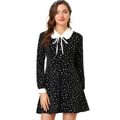 A Peter pan collar and ruffle decoration add ebullient charm to this vintage dress. Polka dots and a contrast design put a romantic frame around this chiffon dress with a Peter Pan collar. The long sleeve with contrast cuffs and half-placket design is a great highlight, full of a sense of detail and design. Contrast Dotted and a Peter Pan collar bring retro romance to a chiffon dress. This Peter Pan collar dress is easily paired with flat shoes or leisure shoes for an elegant and vintage look. M Pan Collar Dress, Vintage Polka Dot Dress, Long Sleeve Collared Dress, Peter Pan Collar Dress, Christmas Party Dress, Elegant Blouses, Contrast Collar, Pan Collar, Peter Pan Collar