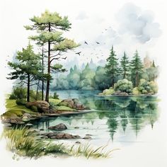 a painting of trees and water with birds flying over it