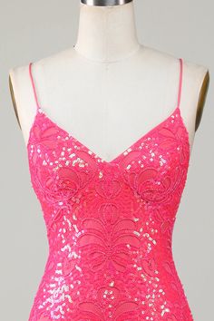 Sparkly Beaded Tight Short Hot Pink Homecoming Dress Lace Homecoming Dresses