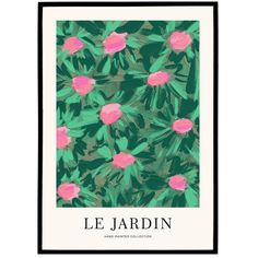 a poster with pink flowers and green leaves on the bottom, in front of a white background