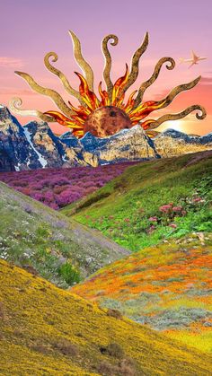 the sun is in the sky over some hills and flowers with mountains in the background