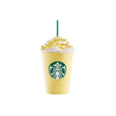 a yellow starbucks drink with whipped cream and gold sprinkles on the top