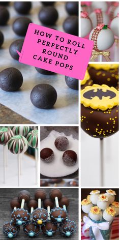 several pictures with different types of cakes and candies on them, including cake pops