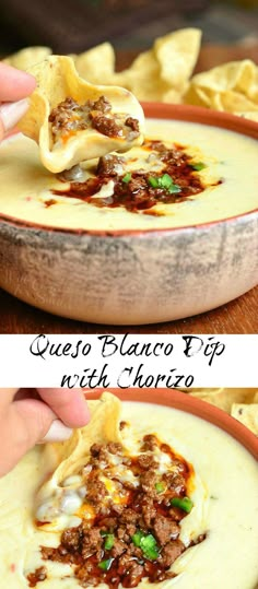 two pictures showing how to make quesadilla dip with chorizo chips