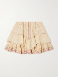 The fluttery, tiered silhouette of Marant Étoile's 'Jocadia' shorts make them look like a skirt at first glance. Made from cotton-gauze, it's traced with colorful embroidery and has an elasticated waistband for added comfort. Bohemian Shorts With Ruffles, Bohemian Ruffled Shorts For Spring, Summer Bohemian Ruffled Shorts, Bohemian Ruffled Shorts For Summer, Beige Ruffled Shorts, Bohemian Beige Bottoms With Ruffles, Beige Tiered Ruffle Bottoms, Isabel Marant Dress, Digital Wardrobe