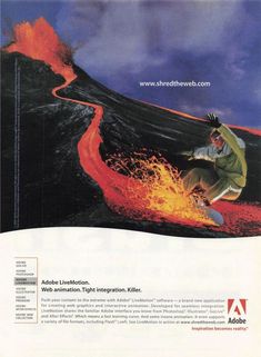 a man riding a skateboard on top of a lava covered mountain next to a fire