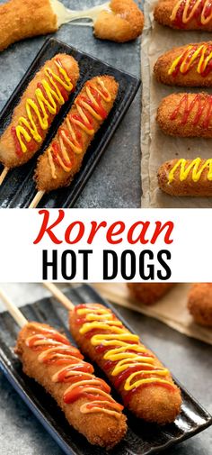 korean hot dogs on skewers with ketchup and mustard drizzled over them