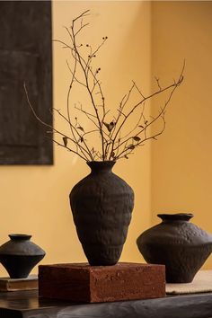 three vases with branches in them sitting on a table next to a brick block