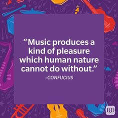 a purple background with musical instruments and the words music produces a kind of pleasure which human nature cannot't do without