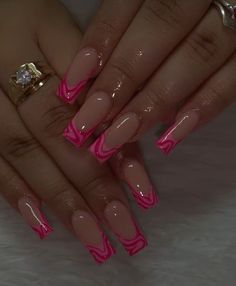 French Tip Acrylic Nails Inspiration, Acrylic Full Set Gel Polish, Vacation Nail Inspo Square, Pink Acrylics With Design, Pretty Coffin Nail Designs, Magenta Nails Acrylic, Birthday French Tip Nails, Egypt Nails Design, Barbie Aesthetic Nails