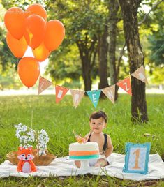 a little boy sitting in the grass with his first birthday cake and balloons behind him