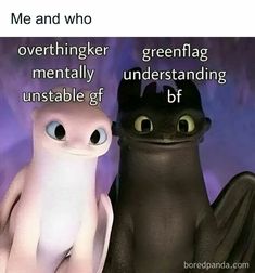 two stuffed animals sitting next to each other in front of a purple background with the caption me and who overthinger mentally